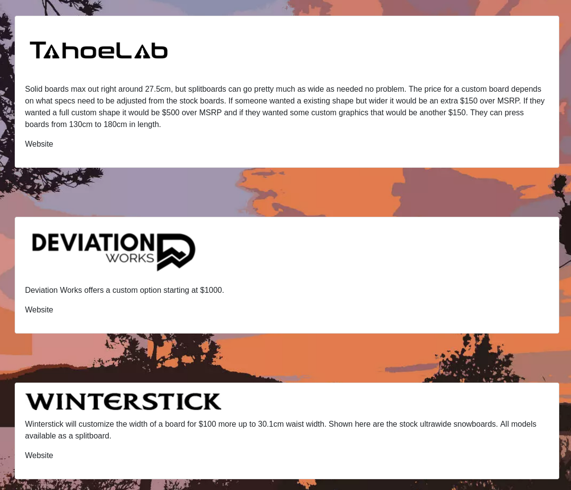 Screenshot example of brands that do custom boards